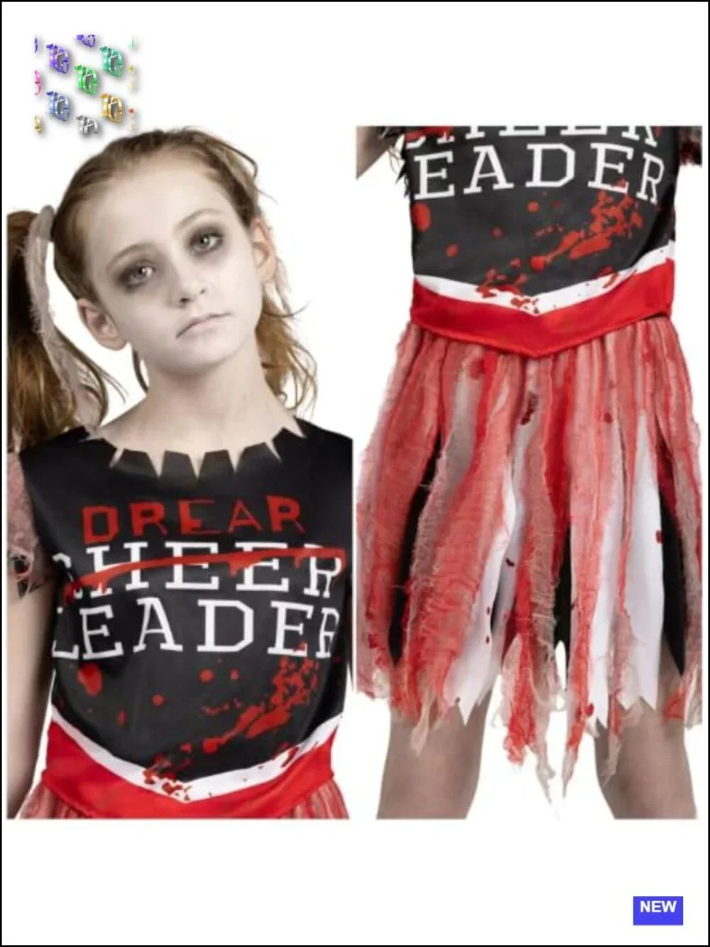 Girls Zombie Cheerleader Costume Set with Pom Poms